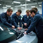 Technicians receiving training on advanced driver-assistance systems