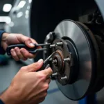 Mechanic inspecting brake pads in a Raleigh auto shop