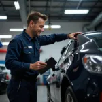 Car mechanic inspecting a vehicle in a modern garage in the Hamptons