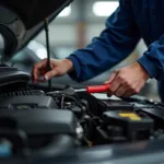 Mechanic inspecting a car during an affordable car service