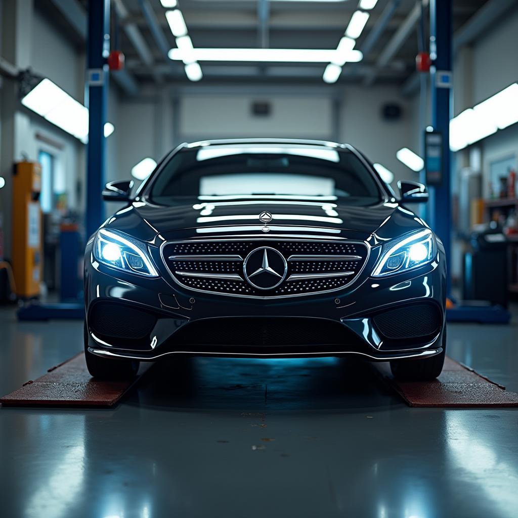 Mercedes-Benz car on a lift in a service bay