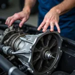 Mechanic inspecting a car transmission in Raleigh