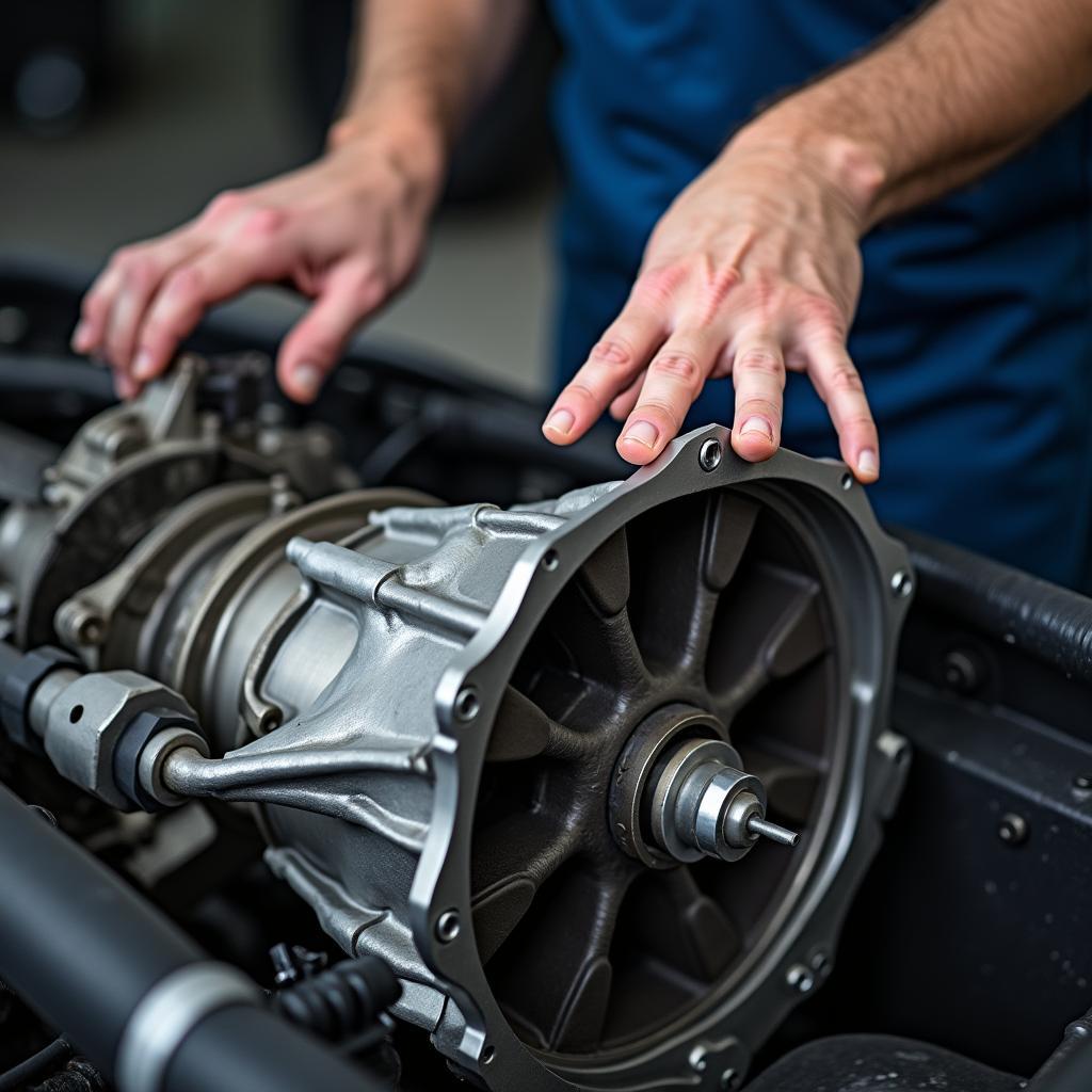 Mechanic inspecting a car transmission in Raleigh