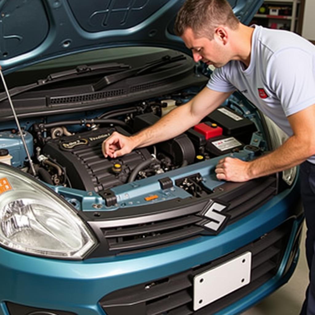 Checking the engine compartment of an Alto 800 after servicing