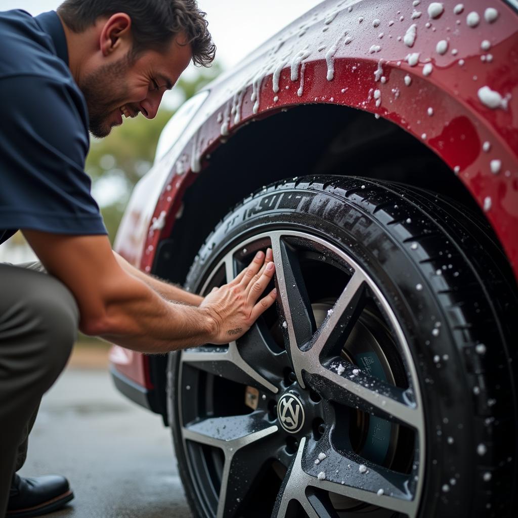 Applying tire shine after washing the car.