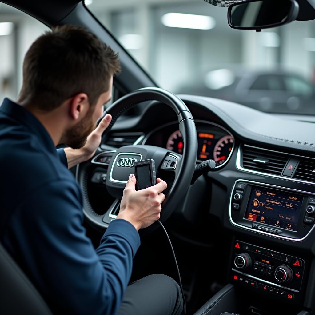 Skilled Technician Using Diagnostic Tools on Audi