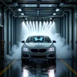 Car going through an automatic car wash tunnel