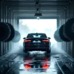 Car going through an automatic car wash tunnel