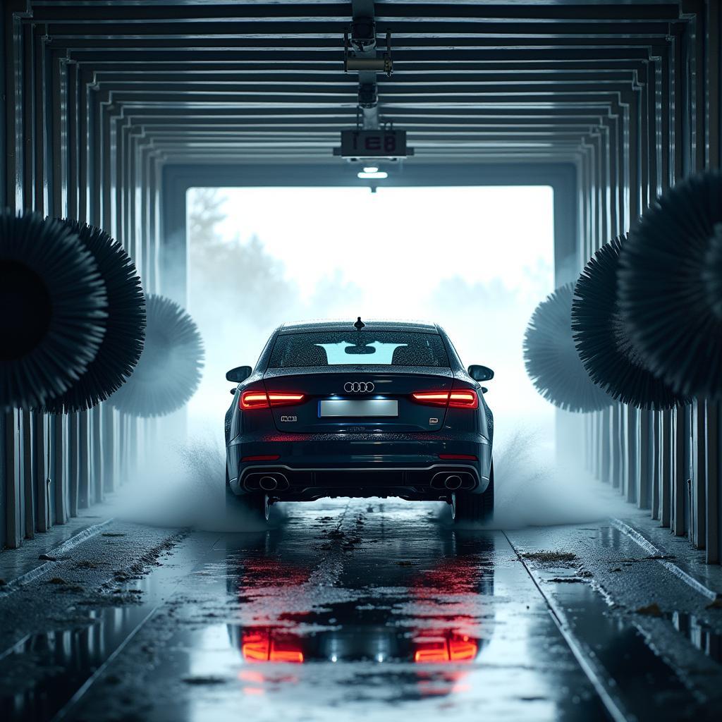 Car going through an automatic car wash tunnel