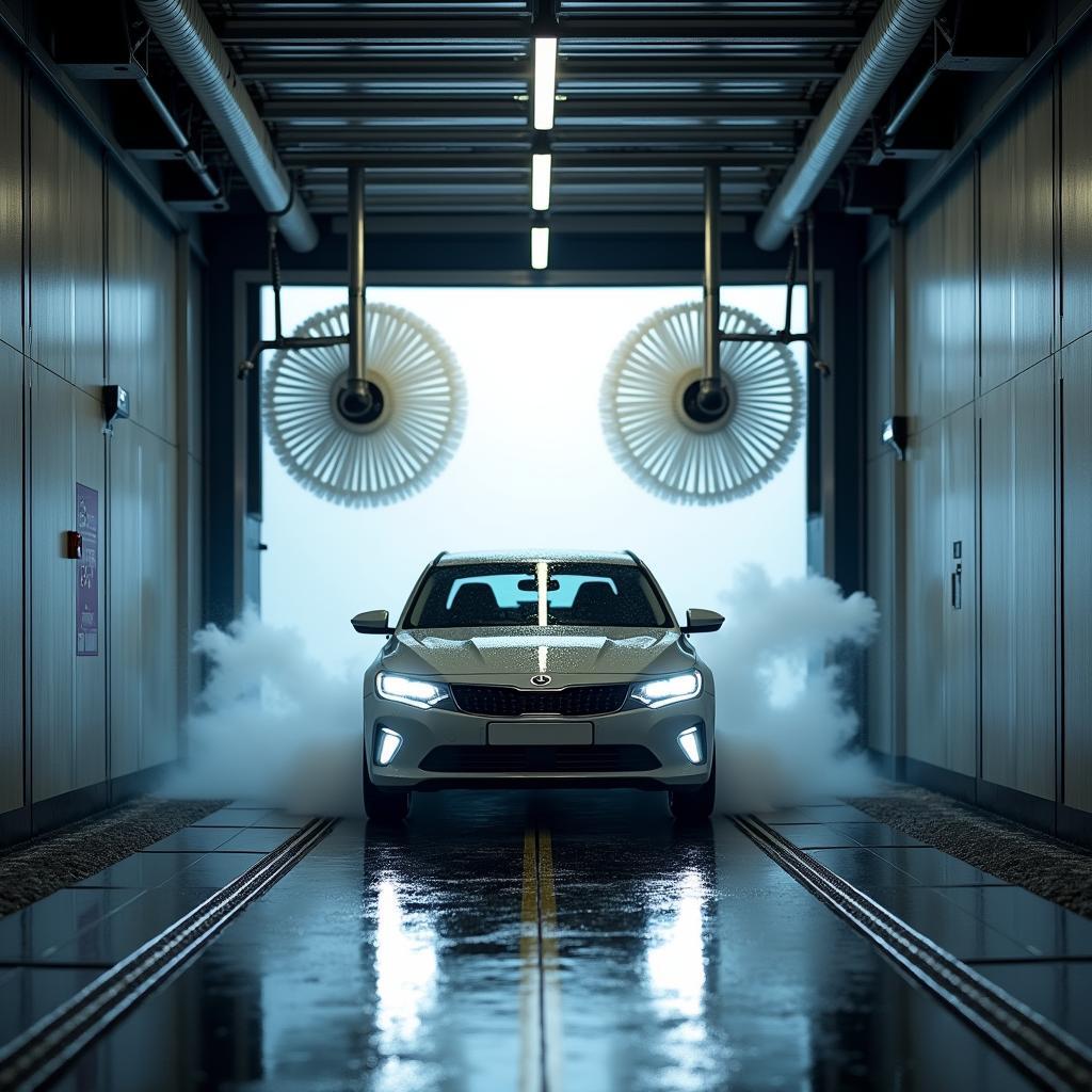 Car Going Through Automatic Car Wash Tunnel