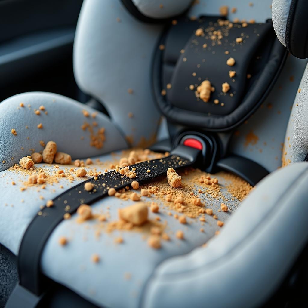 Baby car seat full of crumbs