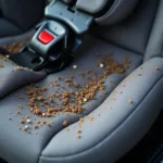 Baby car seat covered in crumbs and food remnants in Toronto