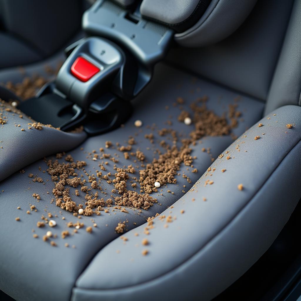 Baby car seat covered in crumbs and food remnants in Toronto