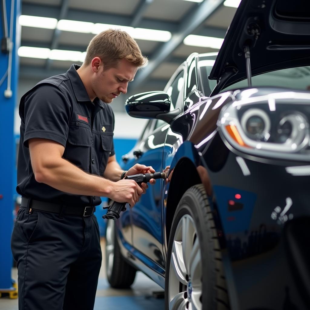 Mechanic inspecting a car in a Bedfordshire garage