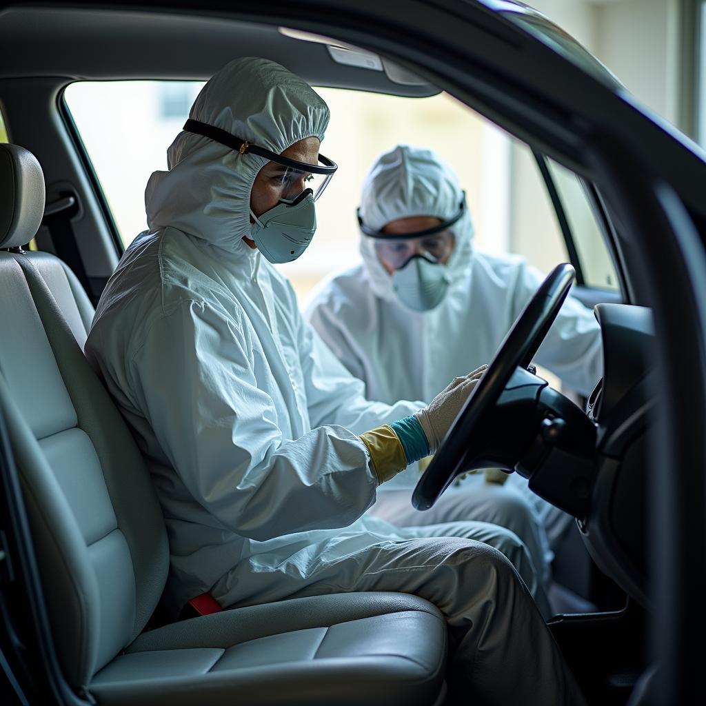 Biohazard Cleanup Crew Working Inside a Vehicle