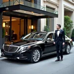 Black Car Service Luxury Sedan parked in front of a luxury hotel