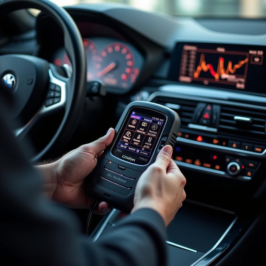 Mechanic using diagnostic tool on a BMW car in Pune