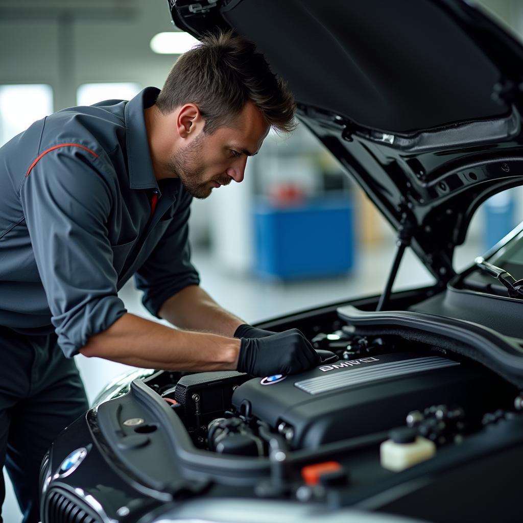 Mechanic inspecting the engine of a BMW car in Pune