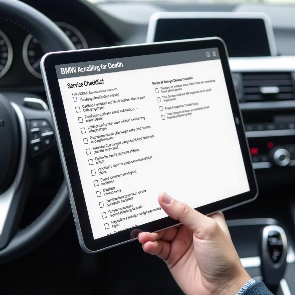 BMW car service checklist on a digital tablet