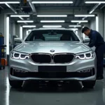 BMW car being serviced in a modern garage