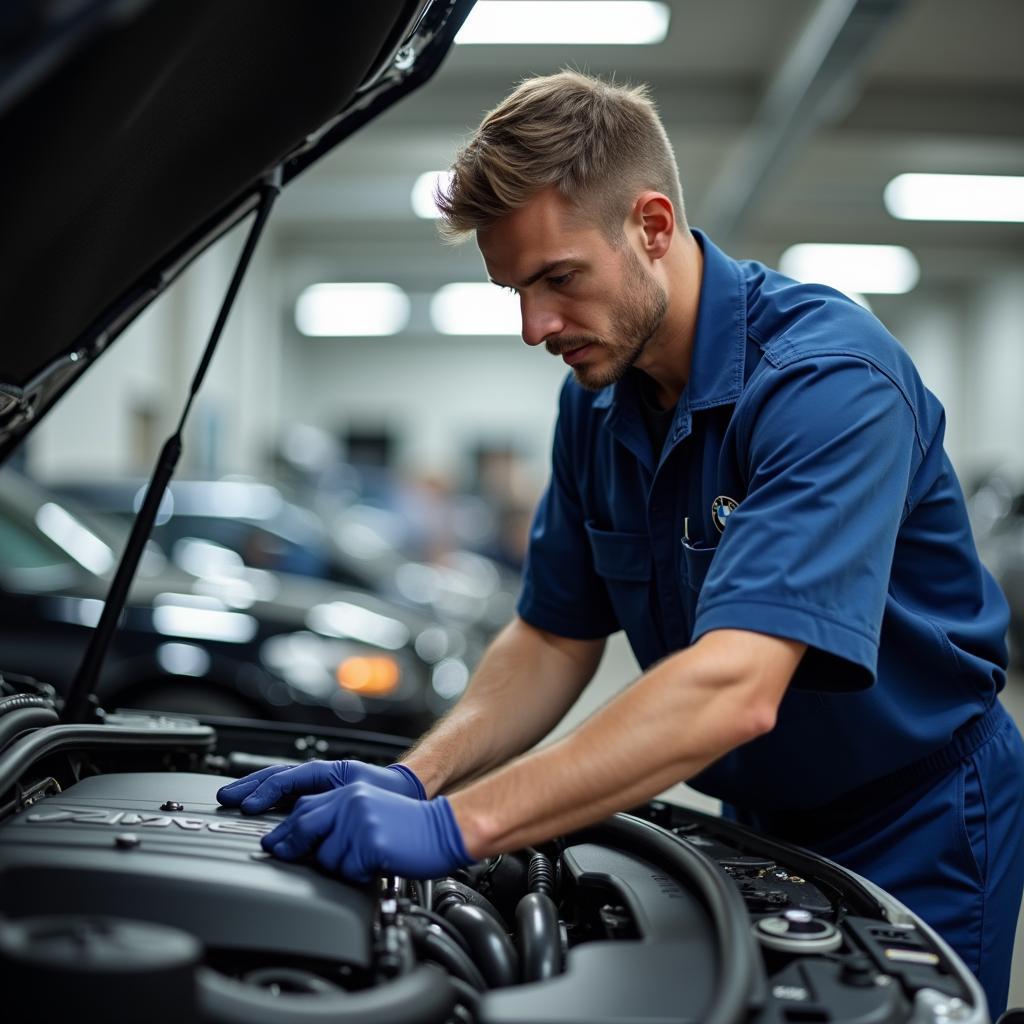 BMW Mechanic Inspecting Engine