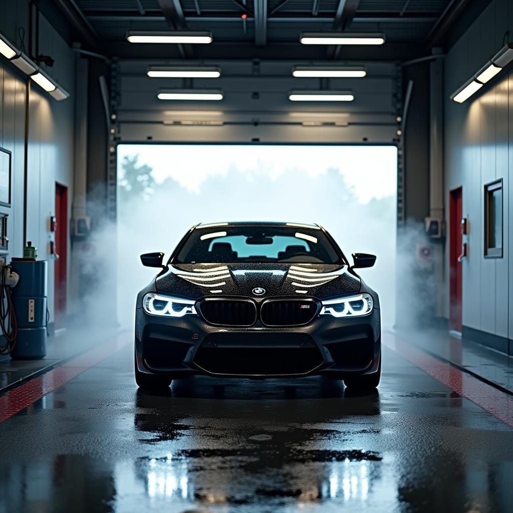 BMW parked in a self service car wash bay