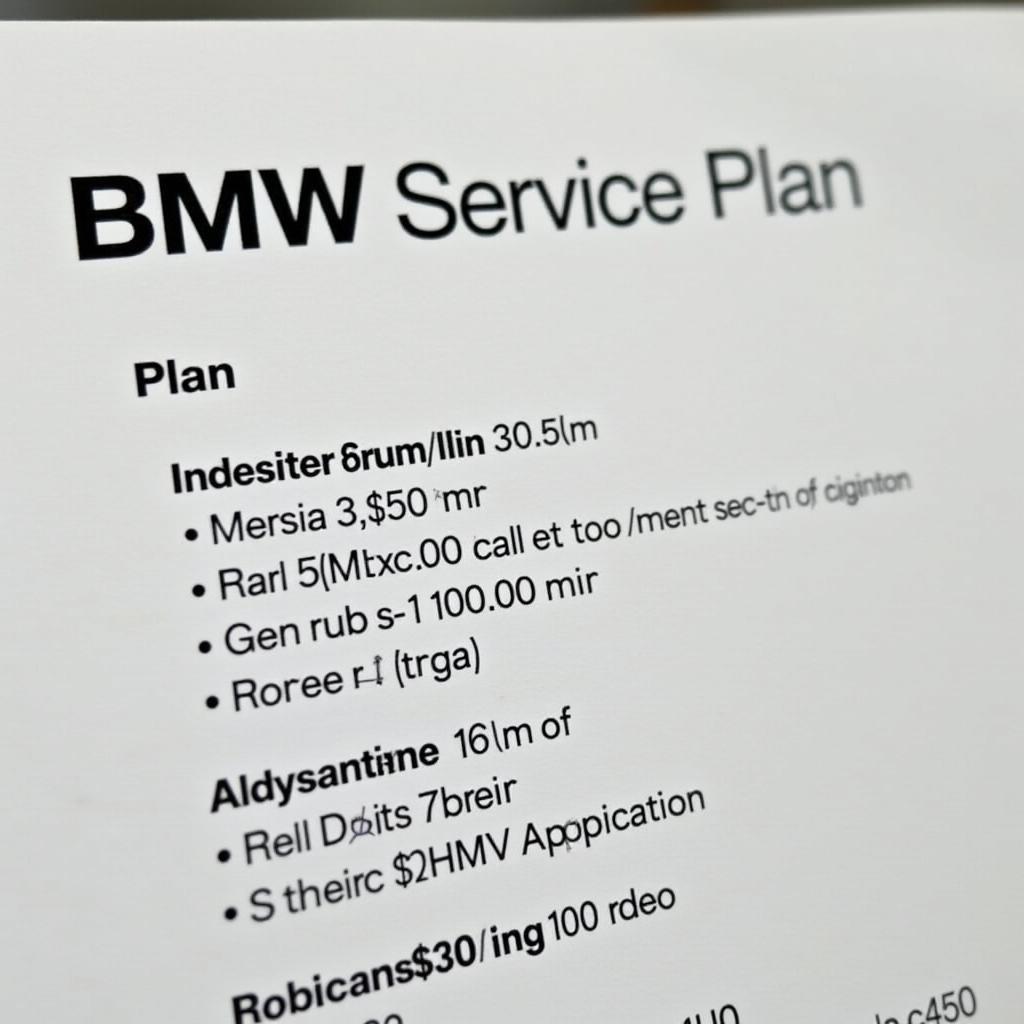 BMW service plan document with cost breakdown