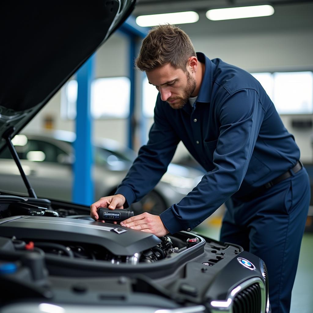 BMW Technician Inspecting Engine