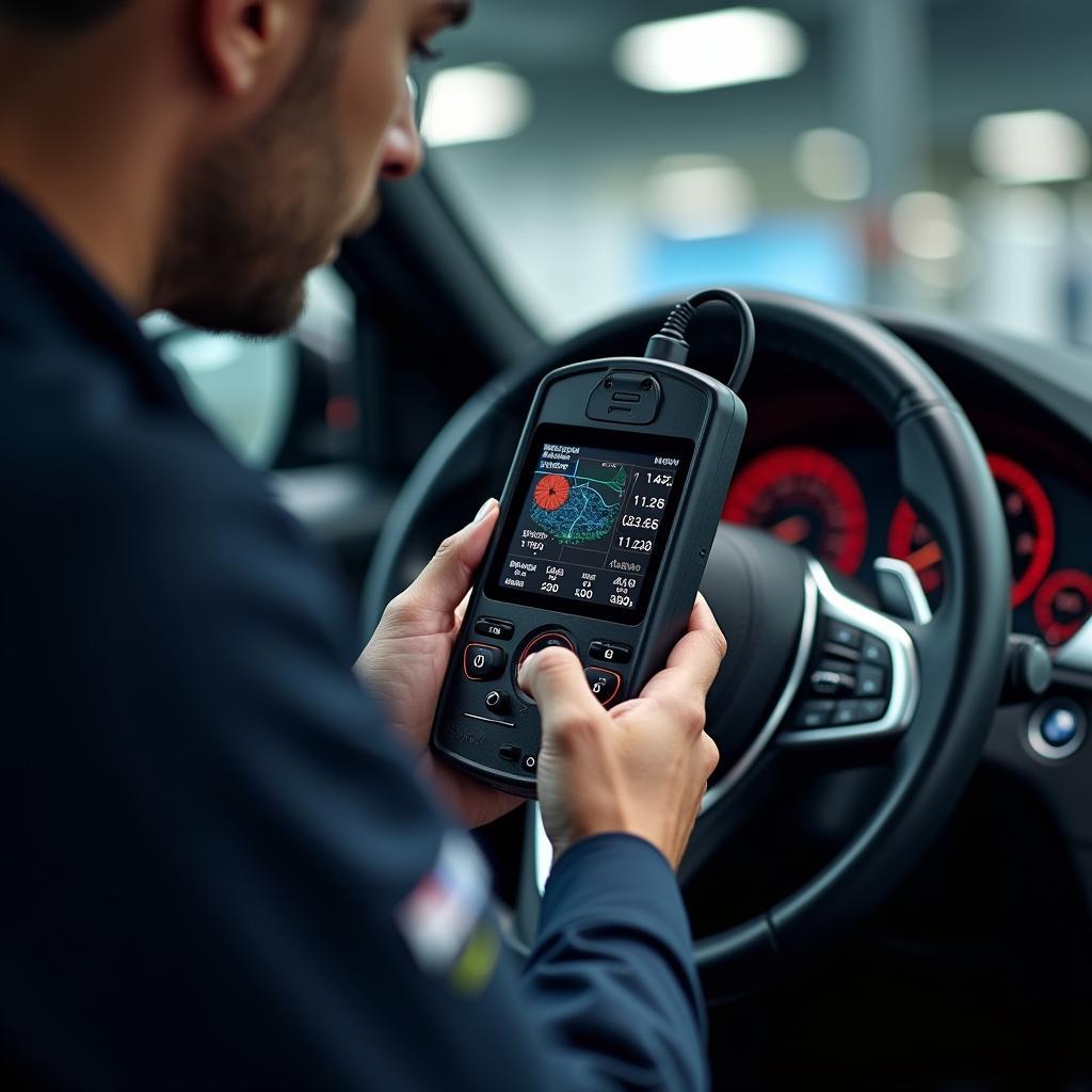 BMW Technician Using Diagnostic Tool