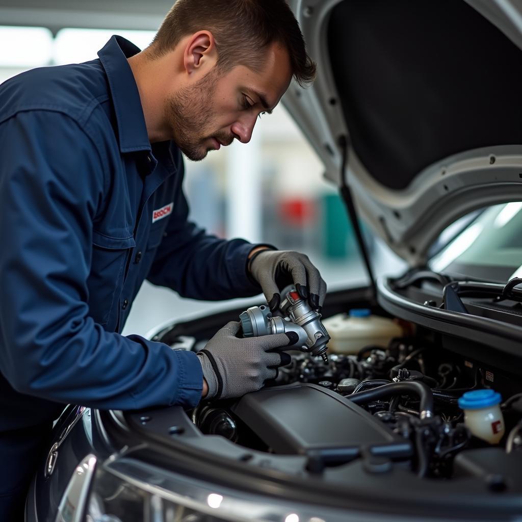 Mechanic installing a Bosch car service pump