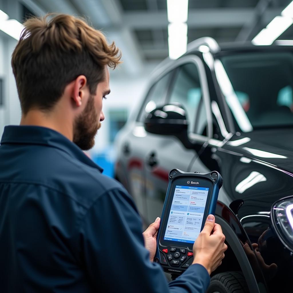 Bosch Car Service technician using diagnostic equipment in a workshop