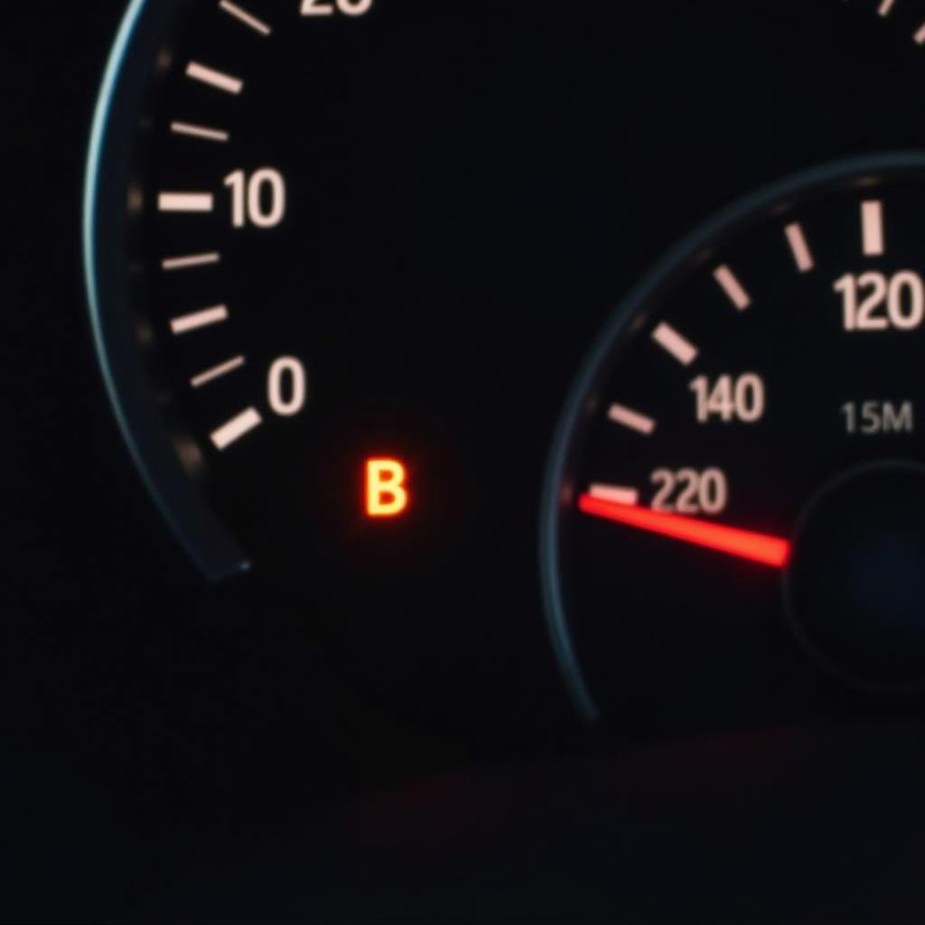 Car dashboard with illuminated brake warning light