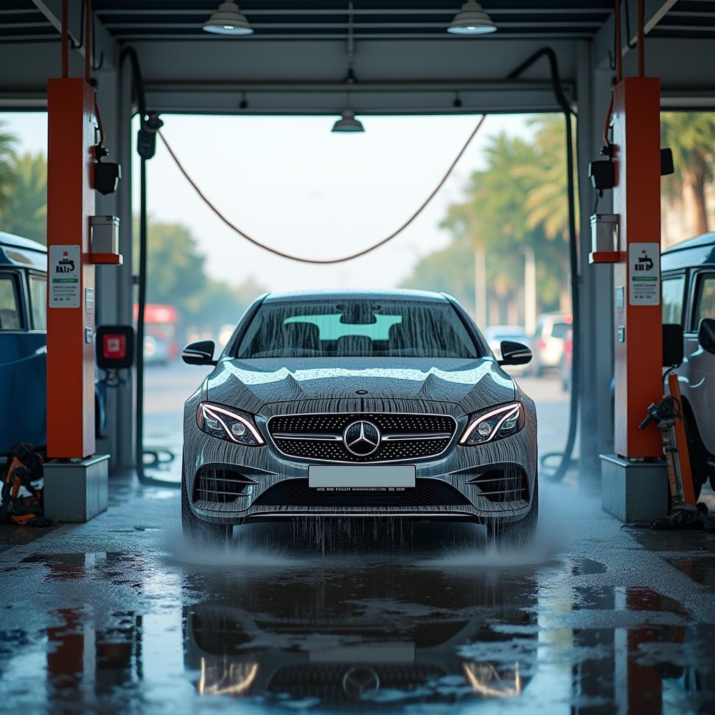 Image of a car wash at a busy service station in Lahore