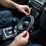 Car audio system installation in progress at a service center in Bangalore