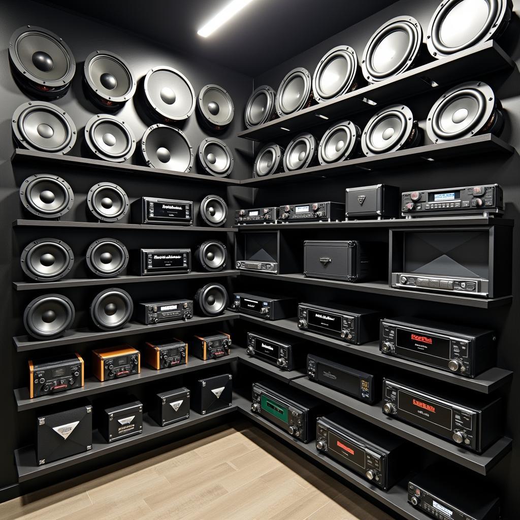 Various car audio system components displayed in a service center in Bangalore