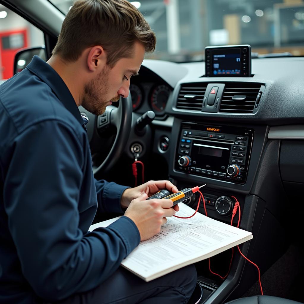 Car Audio Technician Using Service Manual