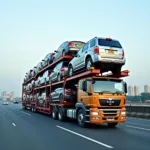 Modern car carrier truck navigating Mumbai traffic