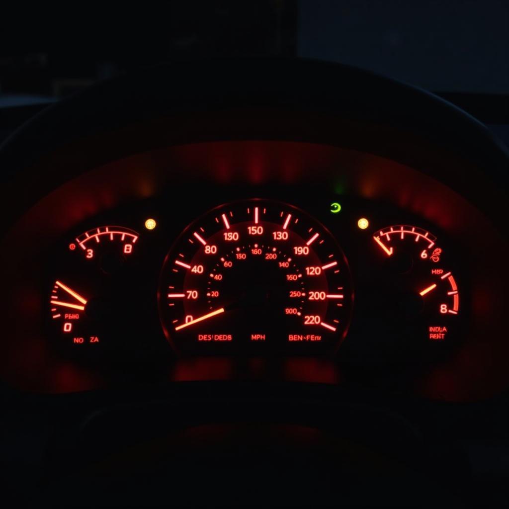 Car dashboard illuminated with warning lights