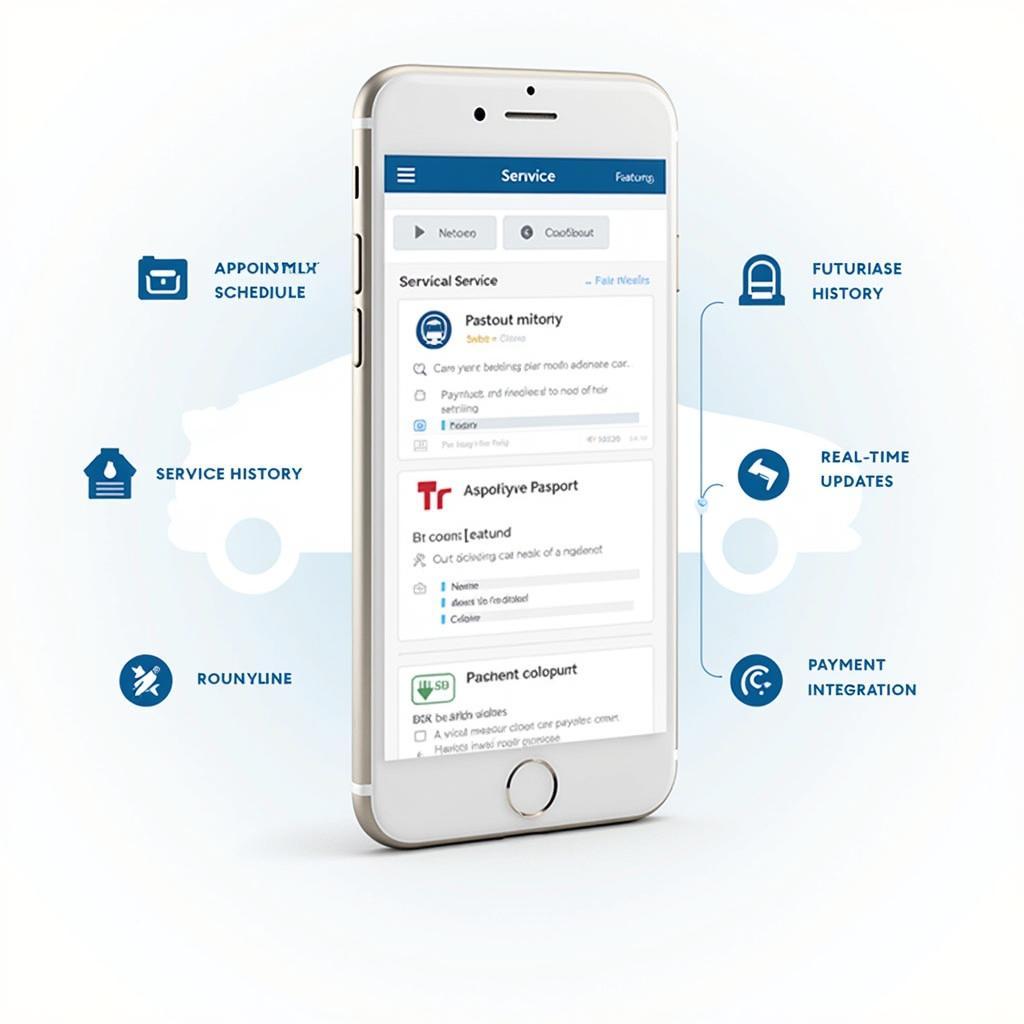Key features of a successful car dealership service app displayed on a mobile phone.