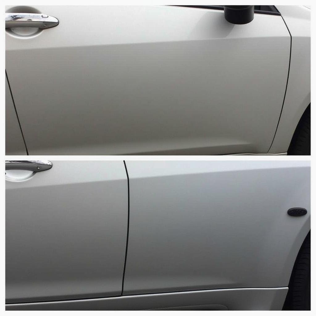 Before and after photos of a car dent repair and paint job.