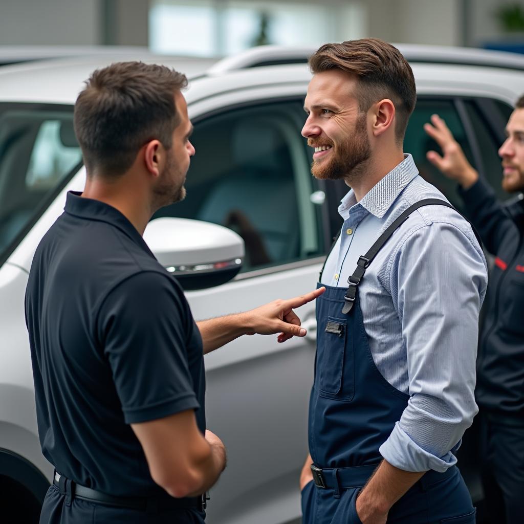 Customer consulting with a technician about car dent repair options.