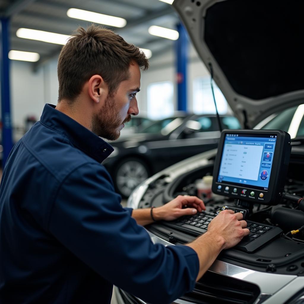 Mechanic using advanced car diagnostic equipment in Gosford