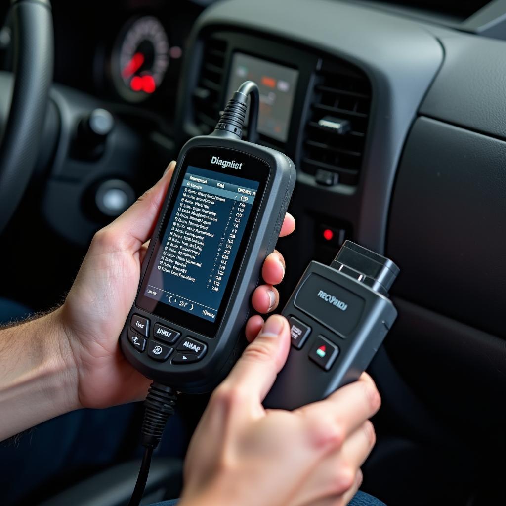 Mechanic using a diagnostic scan tool on a vehicle