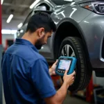 Mechanic using a diagnostic tool on a car in Chennai