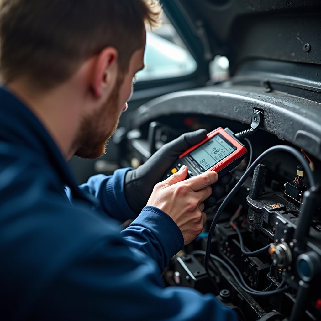 Mechanic Using Diagnostic Tools on Car Electrical System