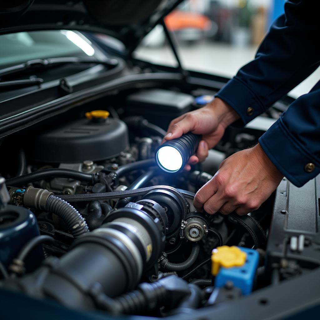 Mechanic inspecting belts and hoses in a car engine