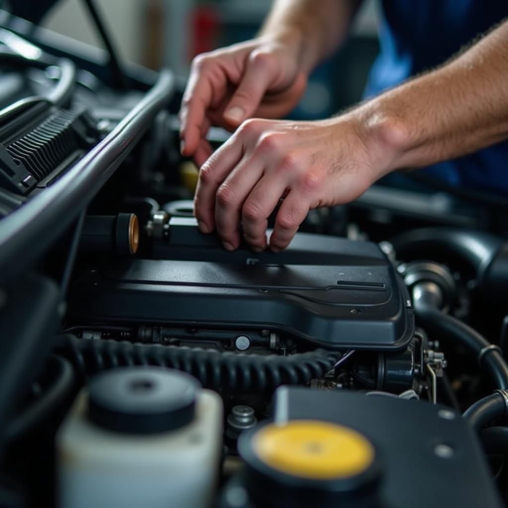 Mechanic inspecting a car engine during service