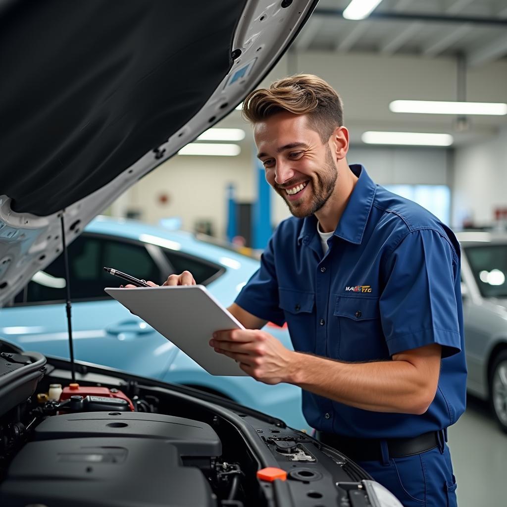 Mechanic with a checklist inspecting a car