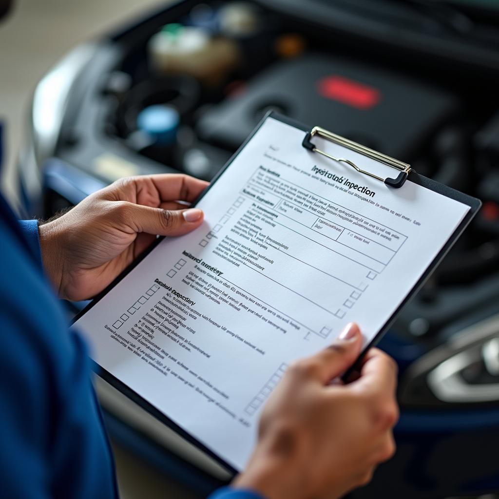 Mechanic using a checklist during a car inspection in Bangalore