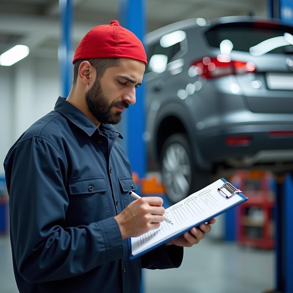 Mechanic in Pune reviewing car inspection checklist